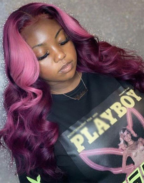 Jessies Wig Pink Purple Wavy 13x4 Lace Front Human Hair Wig Pink Streak At Front Glueless Wig