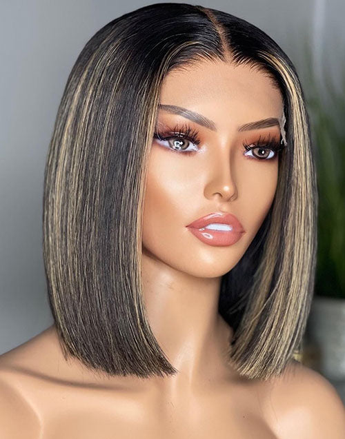 Jessies Wig Highlight Balayage Blonde Straight 13x4 Lace Front Bob Wig Glueless Human Hair Wig Double Drawn