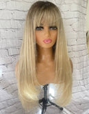 Jessies Wig Ash Blonde Light Golden Balayage Straight Full Lace Human Hair Layer Cut Wig With Fringe Bangs Highlights Wig 200%