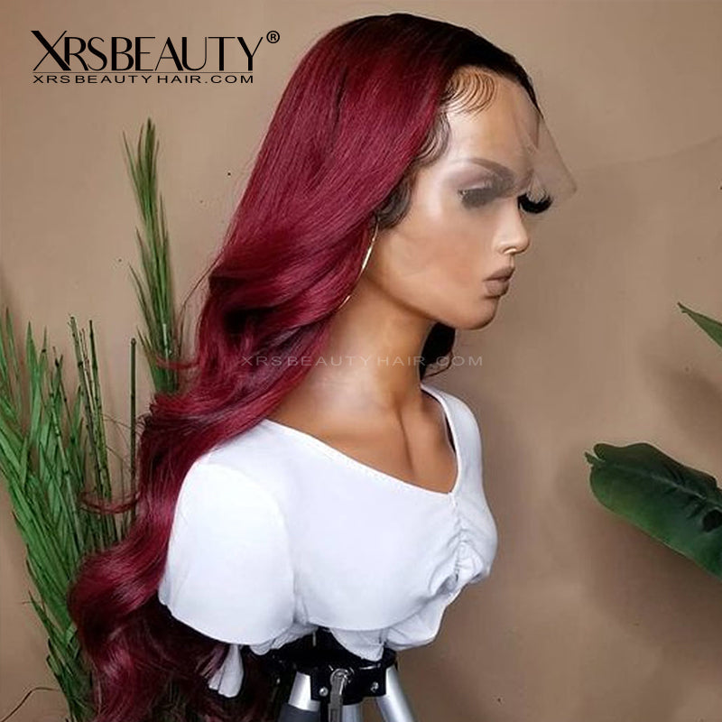 Xrs Beauty Hair Burgundy Hair With Dark Roots Body Wave Front Lace Human Hair Wig [CFW13]