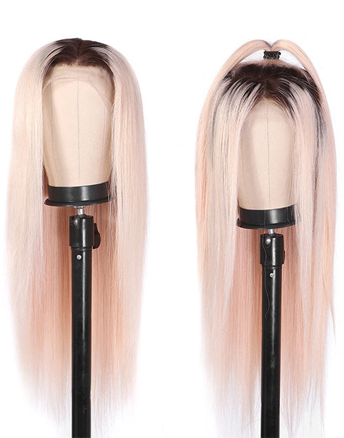 Jessies Wig Ombre Pink Color With Black Roots Silky Straight 13x4 Lace Front Wigs Glueless 4x4 Lace Human Hair Wig