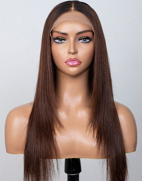 Jessies Wig Ombre Dark Brown Straight Layer Cut 13x4 Lace Frontal Wig With Black Roots Human Hair Glueless Wig