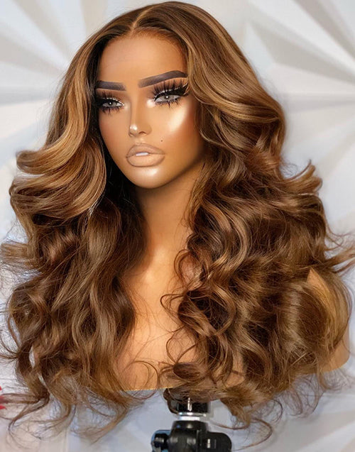 Jessies Wig Piano Brown Highlights Big Loose Curl 13x4 Frontal Preplucked Wig Glueless Human Hair Wig