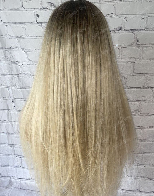 Jessies Wig Ash Blonde Light Golden Balayage Straight Full Lace Human Hair Layer Cut Wig With Fringe Bangs Highlights Wig 200%