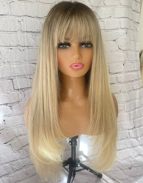 Jessies Wig Ash Blonde Light Golden Balayage Straight Full Lace Human Hair Layer Cut Wig With Fringe Bangs Highlights Wig 200%