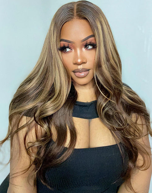 Jessies Wig Honey Brown 13x4 Lace Frontal Highlight Body Wave Preplucked Wig Glueless Human Hair Wig