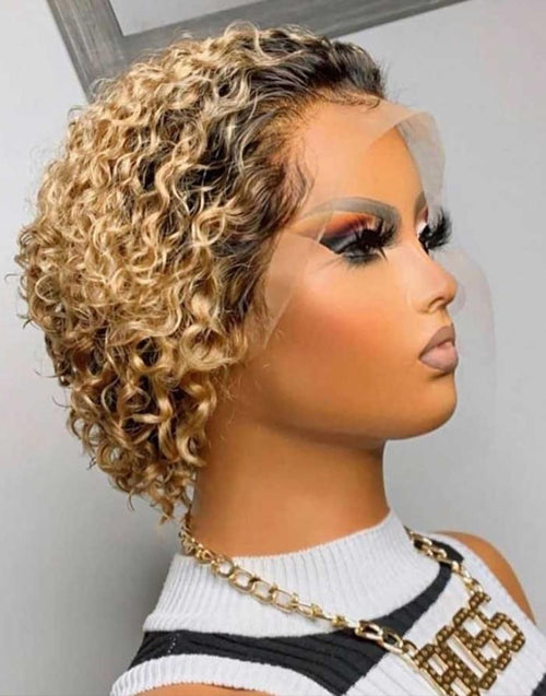 Jessies Wig Ombre Honey Blonde Short Curly Pixie Cut Wigs 13x1 Lace Front Human Hair Wigs