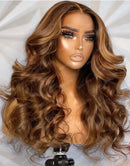 Jessies Wig Piano Brown Highlights Big Loose Curl 13x4 Frontal Preplucked Wig Glueless Human Hair Wig