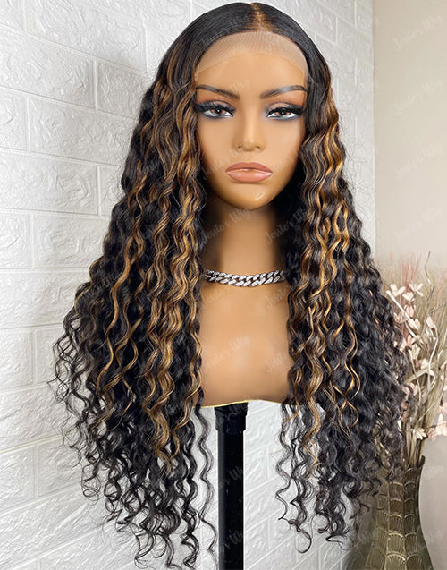 Jessies Wig Piano Brown Deep Curly 4x4 HD Lace Wig Glueless Preplucked Highlight Human Hair Wig