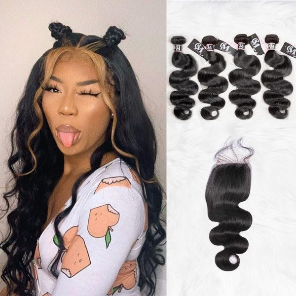 CurlyMe Body Wave Virgin Human Hair 4 Bundles with 4x4/5x5 Closure Natural Black