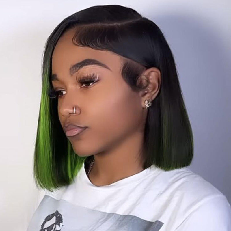 TIKTOK USA New Blunt Cut Bob Peekaboo Green Colored Transparent 4x4 13X4 Lace Frontal Human Hair Bob Wigs