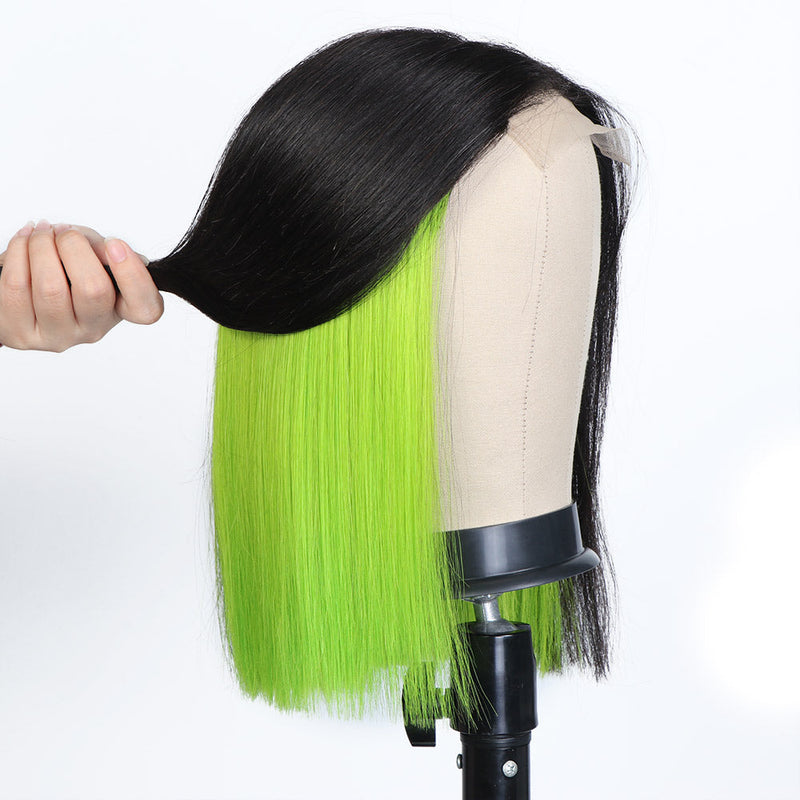 TIKTOK USA New Blunt Cut Bob Peekaboo Green Colored Transparent 4x4 13X4 Lace Frontal Human Hair Bob Wigs