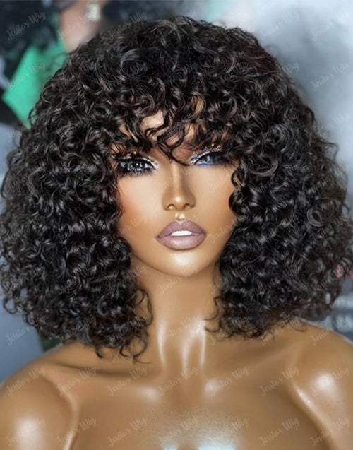 Jessies Wig Curly Bob Wigs With Bangs Short Glueless Human Hair Wigs Double Drawn