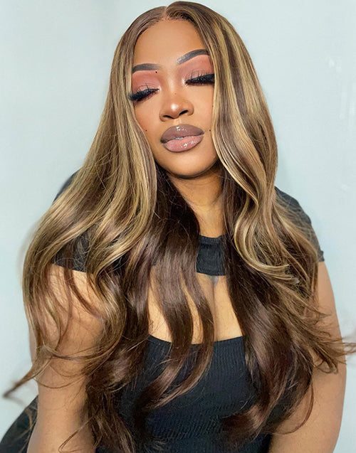 Jessies Wig Honey Brown 13x4 Lace Frontal Highlight Body Wave Preplucked Wig Glueless Human Hair Wig