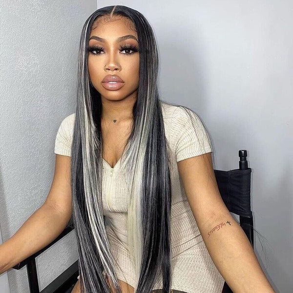 Transparent Platinum Highlights Blonde 13x5x2 T Part Human Hair Wigs 613 Lace Front Wig Ombre Half Black Hair Transparent Lace Wigs