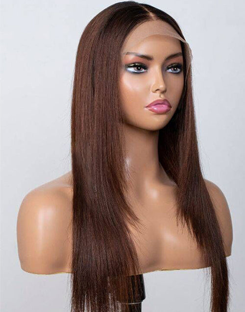 Jessies Wig Ombre Dark Brown Straight Layer Cut 13x4 Lace Frontal Wig With Black Roots Human Hair Glueless Wig