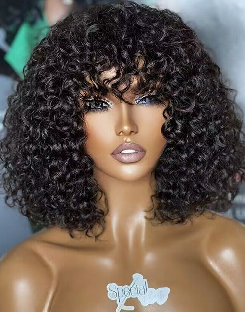 Jessies Wig Full Curly Bob True Scalp Wig With Bangs Glueless Human Hair Wig