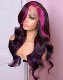 Jessies Wig Pink Purple Wavy 13x4 Lace Front Human Hair Wig Pink Streak At Front Glueless Wig