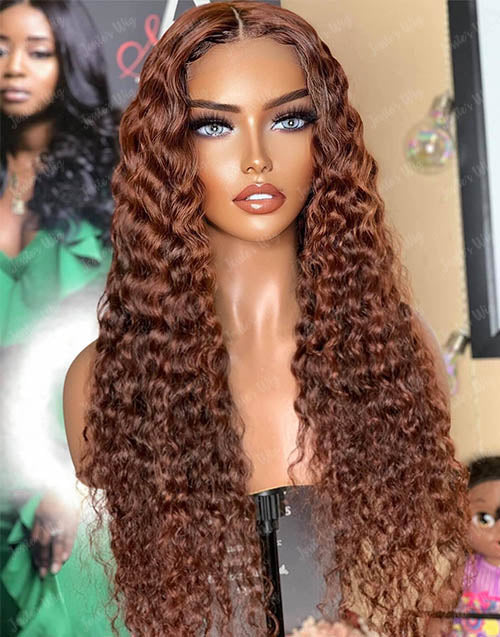 Jessies Wig Reddish Brown Colored Deep Curly 4x4 Lace Closure Wig HD Lace 13x4 Lace Front Human Hair Wigs