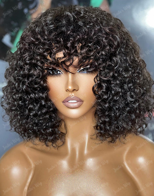 Jessies Wig Curly Bob Wigs With Bangs Short Glueless Human Hair Wigs Double Drawn