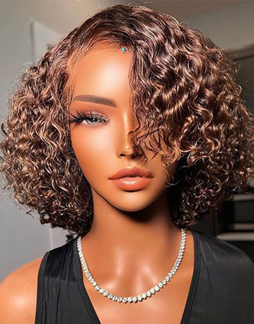 Jessies Wig Brown Color Short Curly 13x4 Bob Lace Front Wig Glueless HD Lace Human Hair Wigs