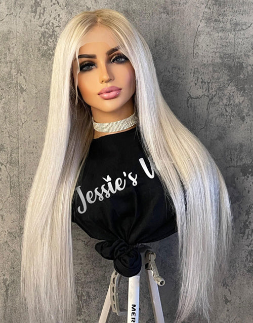 Jessies Wig Ombre Platinum Blonde Color With Short Blended Root Silky Straight Wig Glueless Lace Front Wig