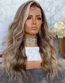 Jessies Wig Highlight Blonde Wavy Human Hair Wig With Dark Roots Body Wave Lace Front Wigs