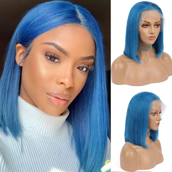 Blue Color T PART LACE FRONT BOB WIG SILKY STRAIGHT 180% Density