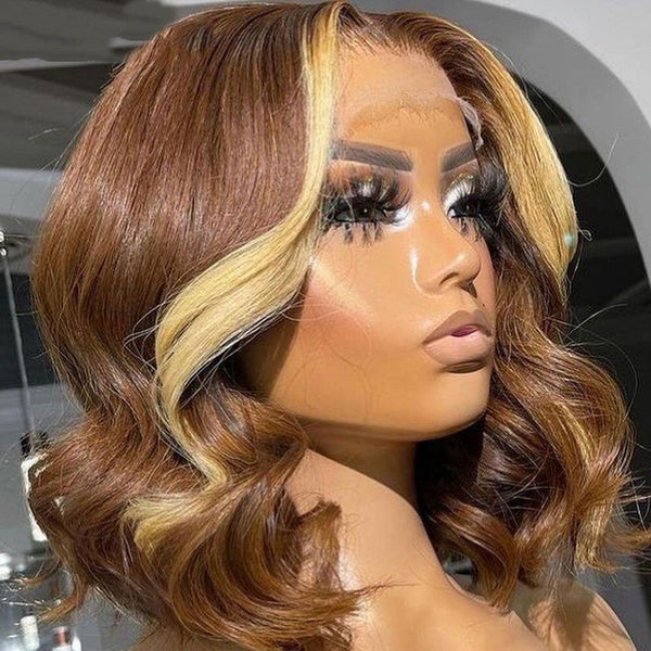 Short Cut Bob Brown Hair With Highlight 27 Honey Blonde Money Piece Wig 100% Real Human Hair Wig 210% Density