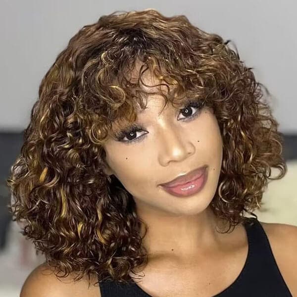 Glueless Wig Mix Color Curly Bob Wig With Bangs Blonde Colored Wigs