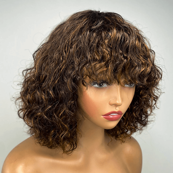 Glueless Wig Mix Color Curly Bob Wig With Bangs Blonde Colored Wigs