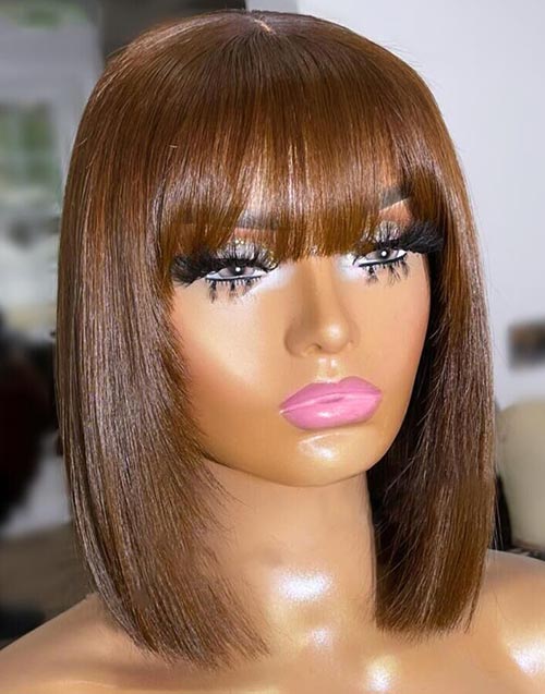 Jessies Wig Neck Length Brown Bob Cut 13x4 Lace Front Human Hair Wigs With Bangs