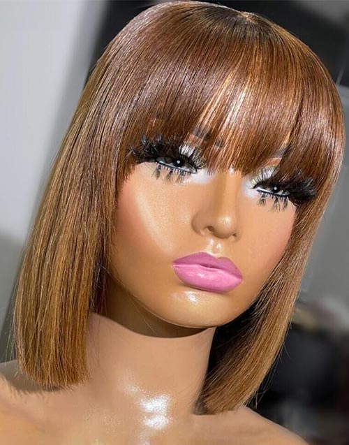 Jessies Wig Neck Length Brown Bob Cut 13x4 Lace Front Human Hair Wigs With Bangs