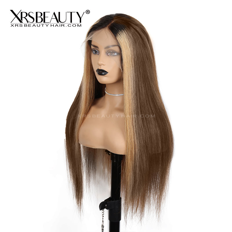 Xrs Beauty Hair Straight Ombre Honey Brown Human Hair Lace Wig With Blonde Money Piece Highlights [CFW14]