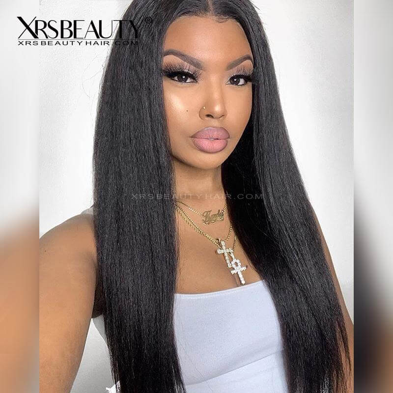 Xrs Beauty Hair Layered Edge Yaki Straight 13x5 Lace Front Human Hair Wig With Baby Hair Coarse Long Virgin Hair Bleached Knots [LFW09]