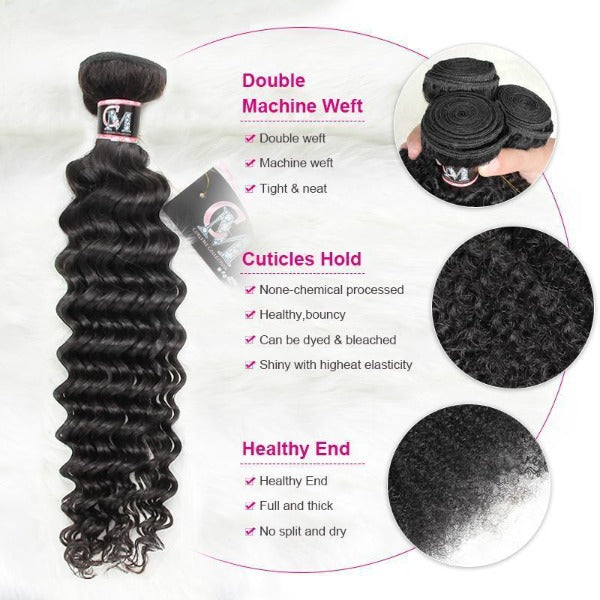 CurlyMe Deep Wave Virgin Human Hair 3 Bundles With 4x4/5x5 Closure Natural Black