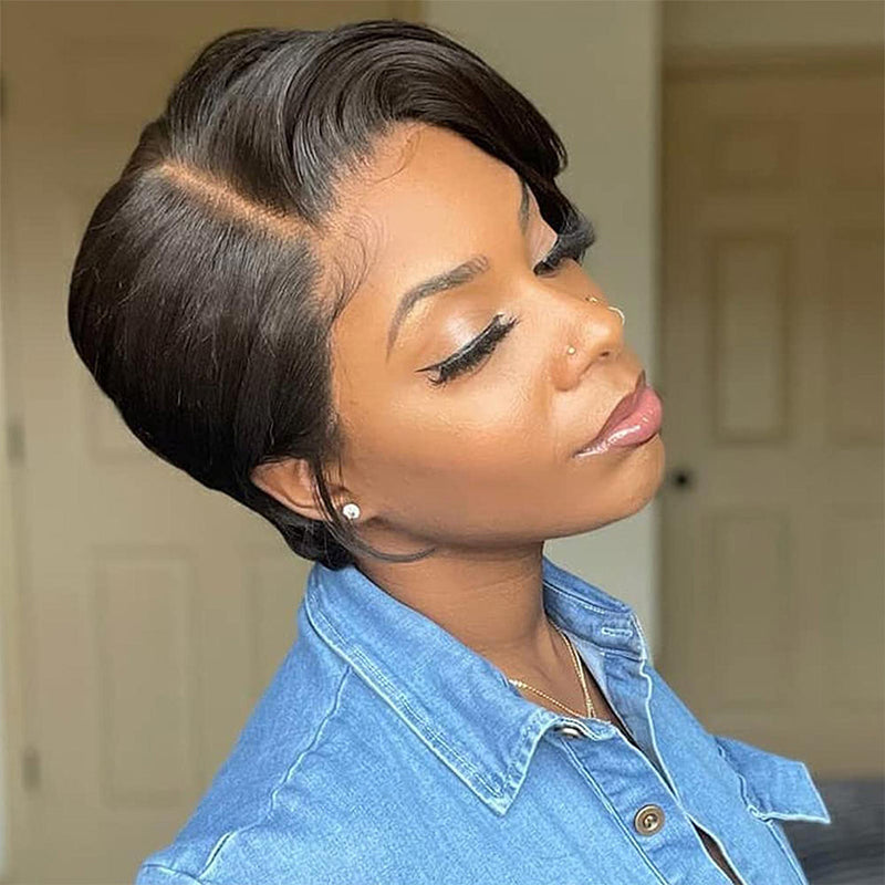 TIKTOK USA Pixie Cut Short Human Hair Wigs Straight T part Lace Front Human Hair Wigs Preplucked for Black Women