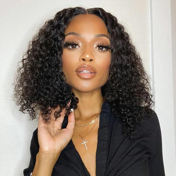Thin V Part Wig Curly Bob Human Hair Wigs Without Leave Out NO Lace NO Glue