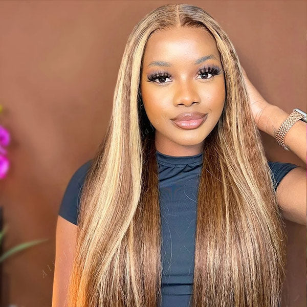 Mslynn Wear Go Glueless Pre Cut 5x5 Lace Wigs Kinky Straight 4/27 Honey Blonde Highlight Wig