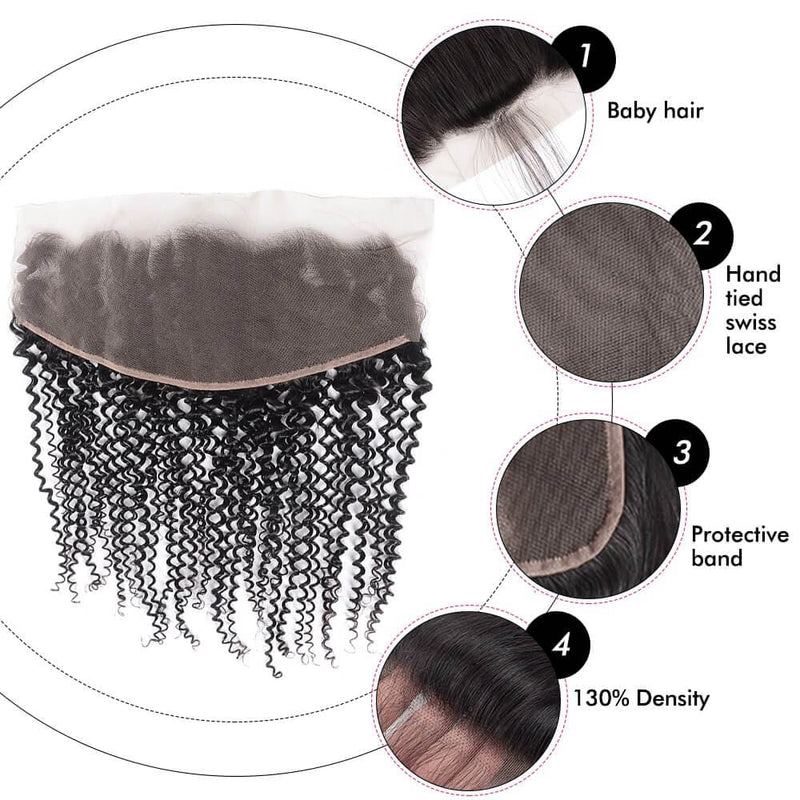 Virgin Kinky Curly Human Hair Weaves 3Bundles With 13*4 Ear to Ear Lace Frontal Closure 10A Grade Deal