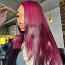 Upgrade 210% Density Purple Money Piece Wig Human Hair 99j Color Hair With Pink Streak Side Part Highlight Wigs