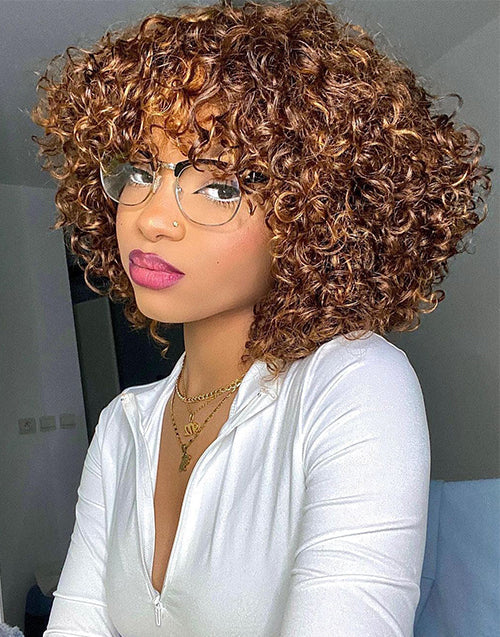 Jessies Wig Highlight Honey Blonde Curly Short Bob Wig With Bangs Natural Black Glueless Fringe Wigs