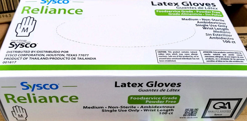 SYSCO LATEX GLOVES BOX OF 100 COUNT VARY IN SIZE S/ M/ L (LIMITED QTY)