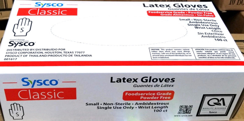 SYSCO LATEX GLOVES BOX OF 100 COUNT VARY IN SIZE S/ M/ L (LIMITED QTY)