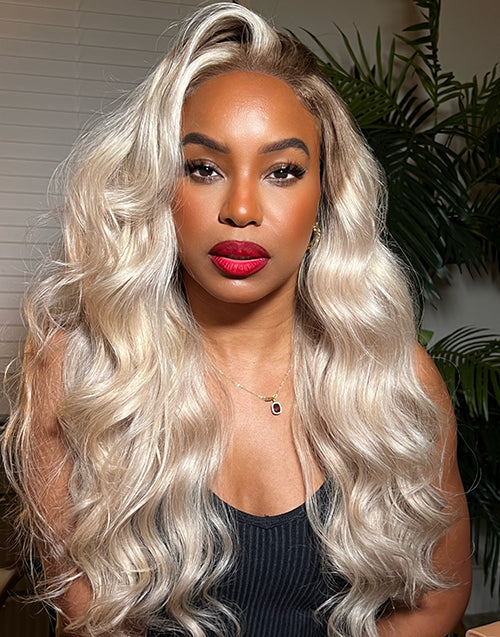 Jessies Wig AlwaysAmeera Same Look Ombre Ash Blonde Wavy Human Hair Wig Highlight 613 Body Wave Lace Front Wigs With Dark Roots