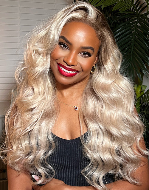 Jessies Wig AlwaysAmeera Same Look Ombre Ash Blonde Wavy Human Hair Wig Highlight 613 Body Wave Lace Front Wigs With Dark Roots