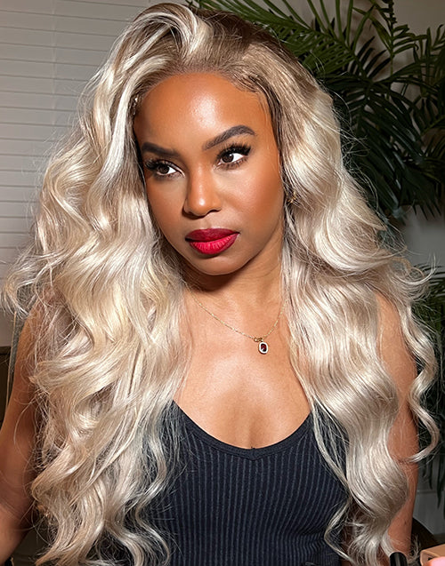 Jessies Wig AlwaysAmeera Same Look Ombre Ash Blonde Wavy Human Hair Wig Highlight 613 Body Wave Lace Front Wigs With Dark Roots