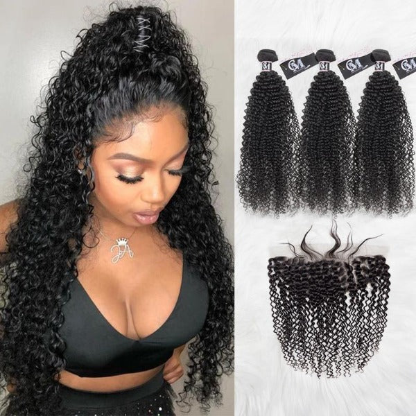 CurlyMe Kinky Curly Virgin Human Hair 3 Bundles With 13x4 Frontal Natural Black