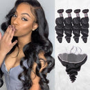 CurlyMe Loose Wave Virgin Human Hair 4 Bundles with 13x4 Frontal Natural Black