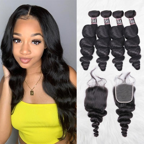 CurlyMe Loose Wave Virgin Human Hair 4 Bundles with 4x4/5x5 Closure Natural Black